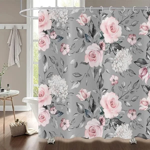 Duschdraperi Blommor 180x200, Rosa Grå Blommig Elegant Duschdraperi Vintage Blommig Vattenfärg Rosor Vattentätt Badgardin Polyestertyg Tvättbart