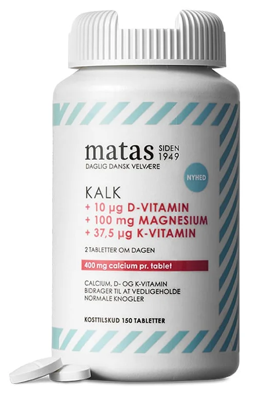 Spar 25% • Køb 2, Matas Striber Kalk 400 mg + Magnesium 100 mg + D-vitamin 10 μg + K-vitamin 37,5 μg 150 tabl., Helse & Madvarer, Mineraler, Kalk