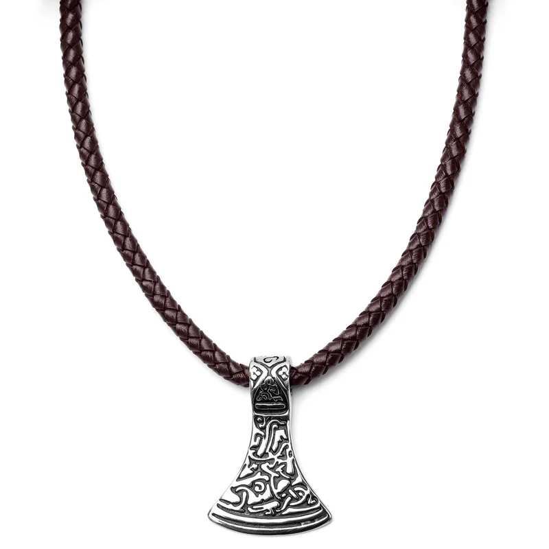 Silver-Tone Rune Brown Leather Necklace for Men - Thor's hammer necklaces