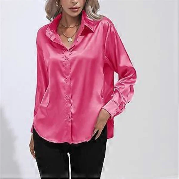 Vår Høst Sateng Bluse Imitert Silke Langermet Skjorte for Dame Plus Size Løse Topper (XXL rose)