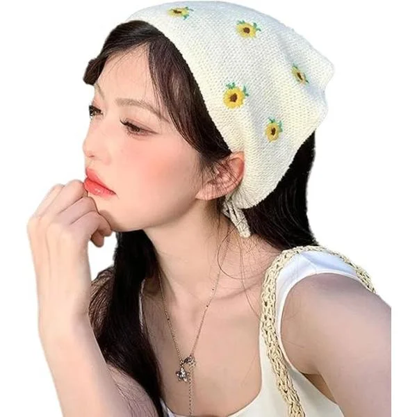 Hårskjerf Blomstret Bandana Hodeskjerf Cottagecore Strikket Strikket For Voksne Kreativt Elegant Hodeplagg Dame Hodeskjerf Mote