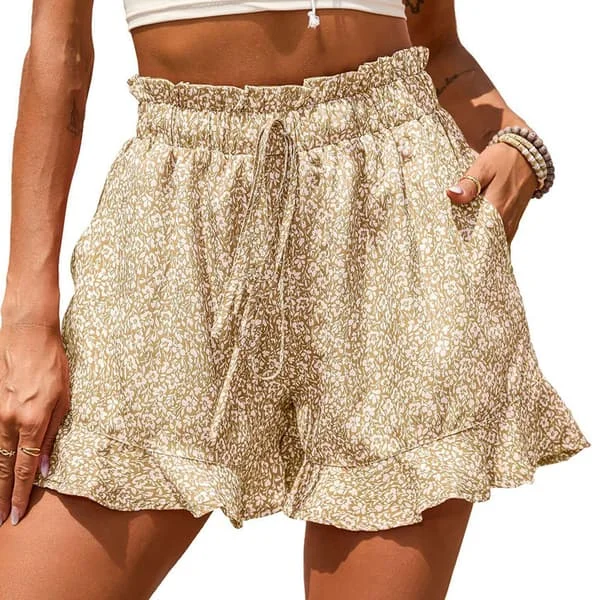 Shorts Sommer Fasjonabelt Trykk Løse Uformelle Shorts med Høyt Liv og Belte for Damer Khaki XL