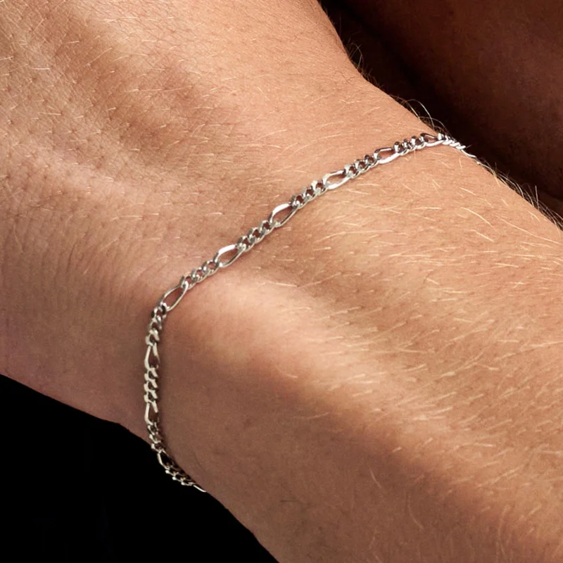 Argentia | 925s | 2mm Rhodium-Plated Sterling Silver Figaro Chain Bracelet for Men - Steel bracelets