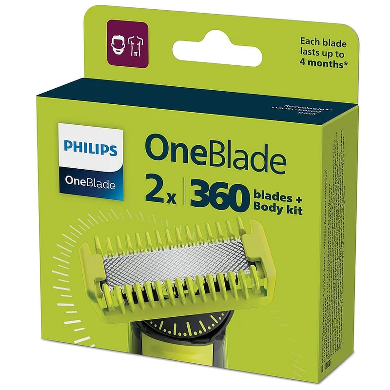 Philips Oneblade blade Sæt t. Ansigt+Krop, 2 X 360 blade, Mænd, Barbering, Skrabere & Blade