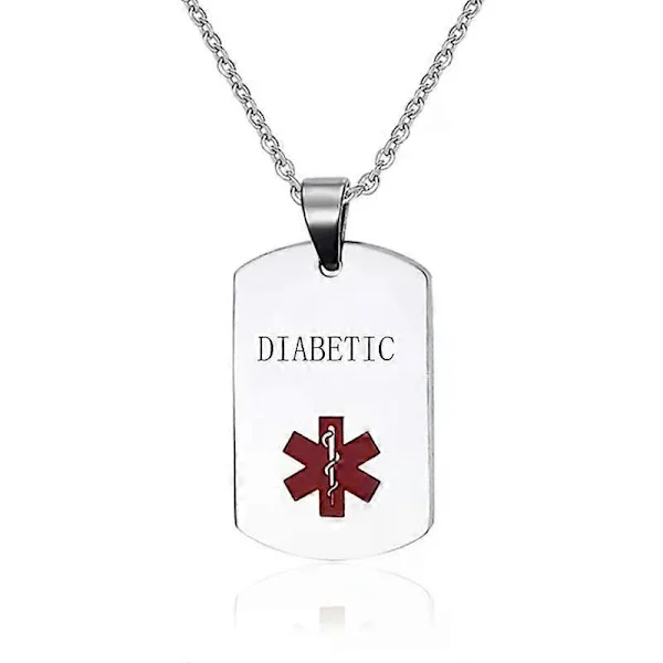 Halsband med hänge i rostfritt stål för medicinsk diabetes typ 1, typ 2, epilepsi, allergi, KOL, varningsmärke för män och kvinnor