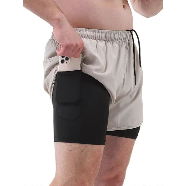 Men's Sports Shorts with Inner Liner 2-in-1 with Pockets, Quick-Dry Running Shorts for Cycling and Fitness Beige