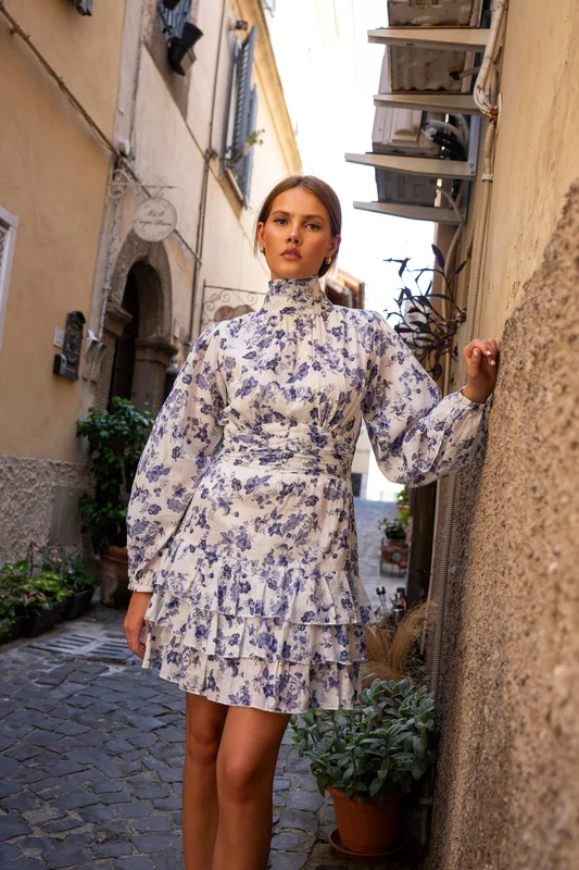 Florine Mini Dress Porcelain Blue - Cotton Puff Sleeve Dress | MISSMAYA Porcelain Blue / XL