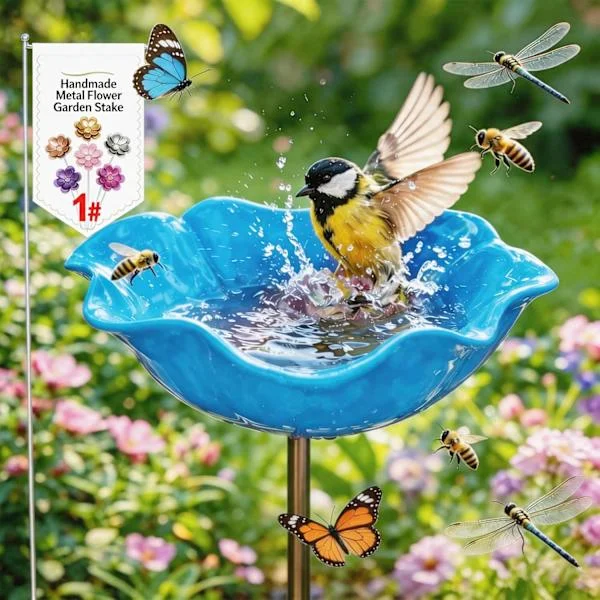 Metal Bird Bath with Flowers, Handmade Garden Stake, Winter-Resistant Bird Bath and Insect Water, Garden and Patio Bird Bath 1 Piece Blue 1pcs