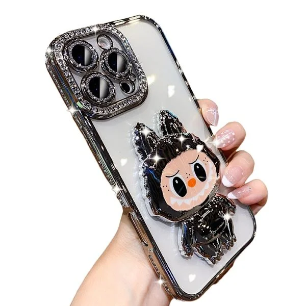 Monsters Pläterat Telefonfodral med Dold Spegel & Ställ: Glittrande Diamantlinsram, Kompatibel med iPhone (Silver) iPhone15 T8 iPhone15 T8