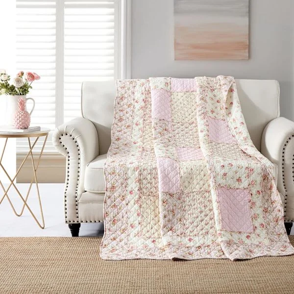 Sengeteppe 130x150cm, mykt og komfortabelt for 1 person, rosa blomstertrykk, ekte lappeteppe, egnet for alle årstider.