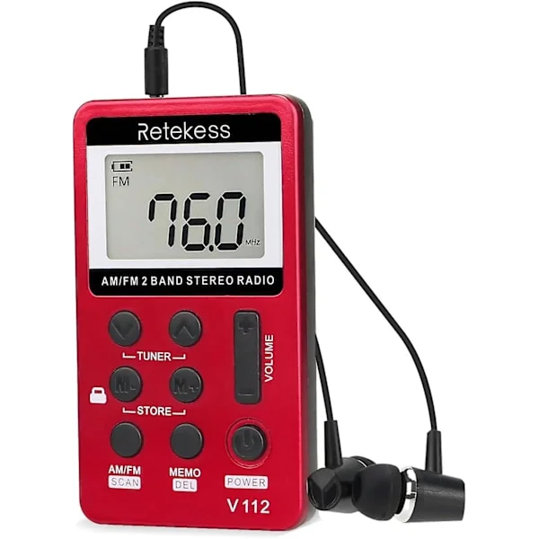 V112 Lomme FM-radio, Personlig FM-radio med hodetelefonkontakt, Digital radio med oppladbart batteri, Egnet for gåturer, jogging (rød)