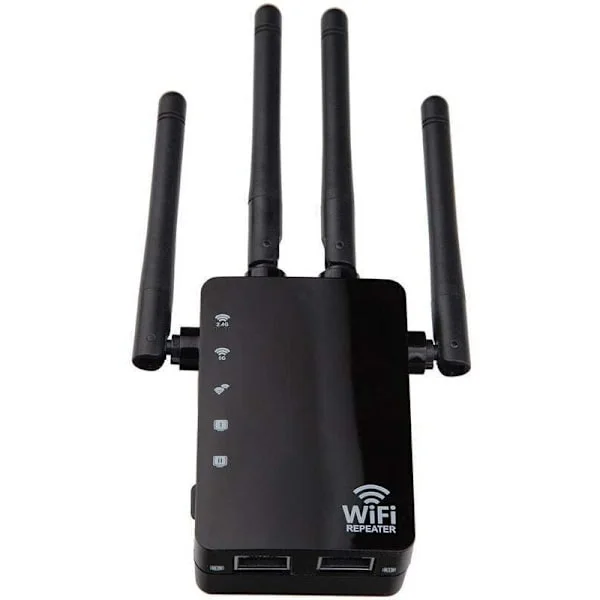Trådløs WiFi-signalforsterker, Dual-Band Forbedret Repeater, 1200M Høyytelses 2.4G og 5G Ruter (Svart, 90x173x70mm)