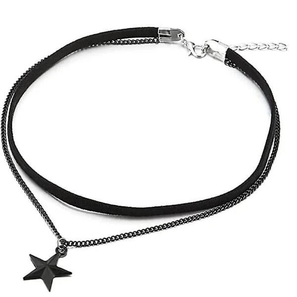 Dame To-rækkers Sort Choker Halskæde Med Sort Kæde Og Pentagram Stjerne Vedhæng Multilayer Krave Halskæde