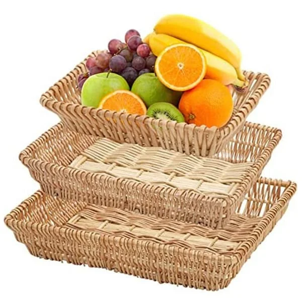 Sett med 3 rektangulære flettede fruktkurver, rottingkurver, serveringsbrett, oppbevaringskurver i rotting, for snacks, frukt, etc.
