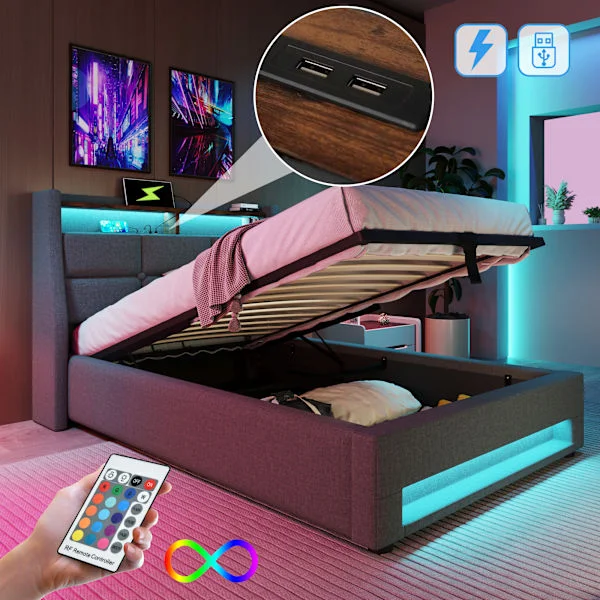 Stoppad säng med USB, 90×200 cm, LED enkelsäng med ribbotten av metallram, sängram i linne – ungdomssäng (utan madrass)