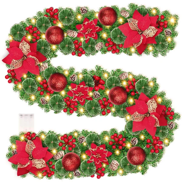 Christmas Garland with Lights, 2.7m Christmas Garland for Fireplace, 30 Lighted Christmas Decorations, Battery Operated