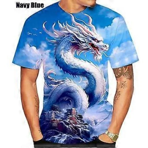 Herr Drakmönstrade T-shirts Sommar T-shirts Herr Casual 3D-tryck T-shirt Mode O-ringning Kortärmade Toppar (M marinblå)