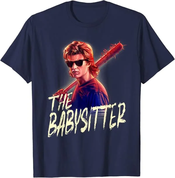 The Babysitter grafisk T-skjorte, marineblå kortermet rundhalset T-skjorte, vintage skrekk-inspirert uformell fan-skjorte