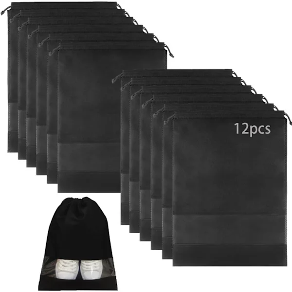 12 ikke-vevde skoposer for reise 12,6" X 17,3" bærbare skoposer med klart vindu, stor snøring støvtett reiseskooppbevaringspose for menn og