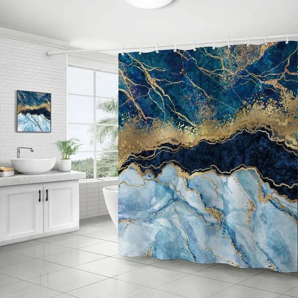 Marmor Duschdraperi, Blå Gardiner Set, Abstrakt Lyx Blå Guld Glitter