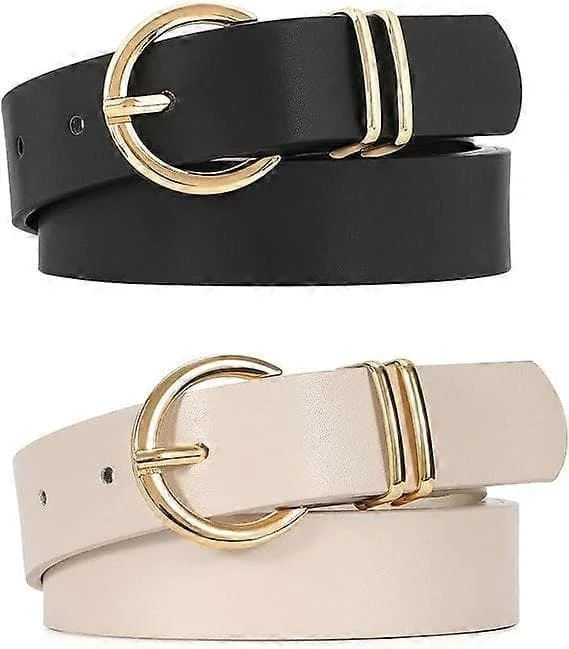 Women's Leather Belts for Jeans Dresses Fashion Gold Buckle Women's Belt, 2-pack (Black+Beige)