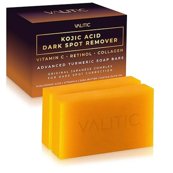Kojicsyra Mörkfläcksborttagnings Tvål, med C-vitamin, Retinol, Kollagen, Gurkmeja, Hyaluronsyra, E-vitamin, Sheasmör och Olivolja