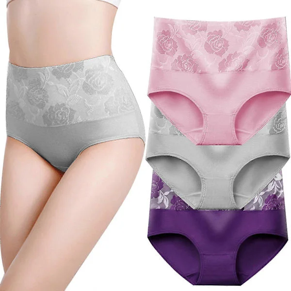 bomuldstrusser med høj talje, mavekontrol, dametrusser med rosejacquard kombineret A-3stk