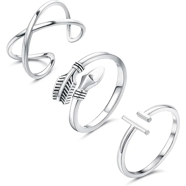 Öppna justerbara ringar i 925 sterling silver för kvinnor och män, minimalistiska korspilsringar, stapelbara ringar, storlek 6-9 (silver 3 st)