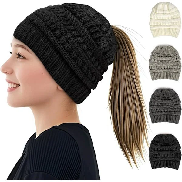 Strikket hue til kvinder, elastisk blød kabelstrikket hue med huller til kvinder, stilfuld termisk varm vinter hestehale strikket hue, Slouchy