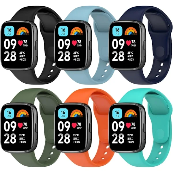 6 stk. rem kompatibel med Xiaomi Redmi Watch 3 Active, Xiaomi Watch udskiftnings silikonerem farverig rem