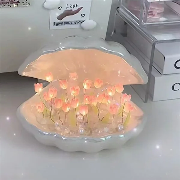 DIY Skjell Tulipan Nattlampe Håndlaget DIY Tulipan Jente Stue Nattlampe Skrivebordslampe Romantisk Atmosfære Lampe - Hvit