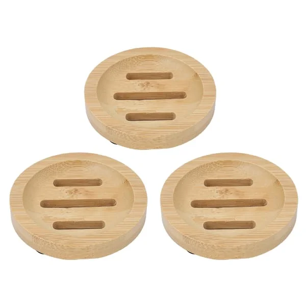 3 st bambu runda tvålfat Hem Badrum Retro Elegant Självdränerande Tvålhållare Bricka för Kök