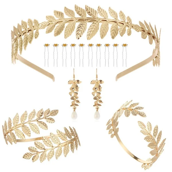 Brudlöv modellering hårband Barock guld löv huvudbonad armband örhängen armring