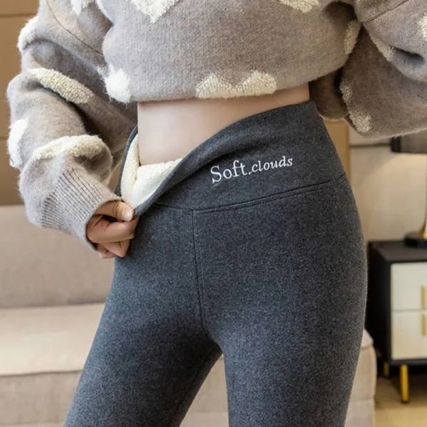Dam Leggings med Sherpa Fleece Foder Vinter Varma Byxor Stretch Tjocka Mjuka Svart L