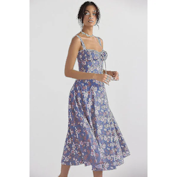 Kvinnor Blommig Boho Midi Bustier Kläder Dam Carmen Print Solklänning Sommar Beach Swing Kläder