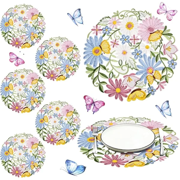 6 Pieces 35 cm Feather Round Placemats Easter Flower Embroidered Tablecloths Daisy Placemat for Home Dining Holiday Kitchen Table Decoration