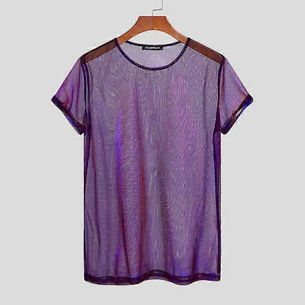 INCERUN Sommer Herre Kort Erme Se Gjennom Mesh Skjorter Party Clubwear Slim Fit T-skjorter