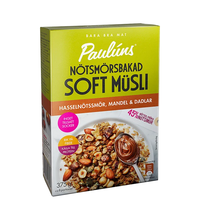Paulúns Soft Müsli Hasselnøttsmør Mandel Dadler 375 g