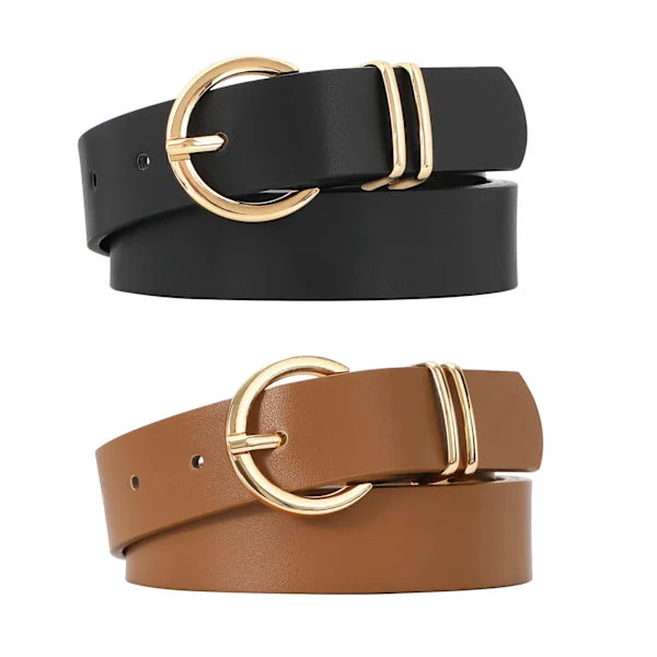 Women's Leather Belts for Jeans Dresses Fashion Gold Buckle Women's Waist Belt, 2 Pack