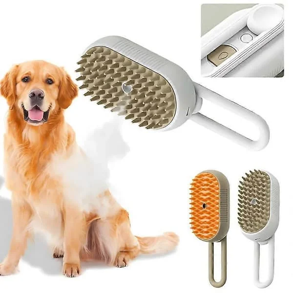 Cat Steam Brush for Hair Loss 3 in 1 Pet Spa Brush Dogs Cats Spritz Deshedding Brush Steaming Pet Brushes Hair Removal Khaki