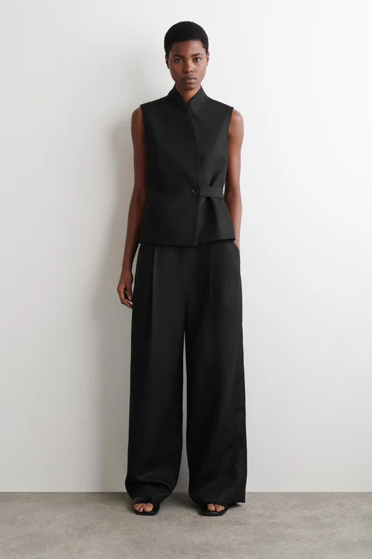 COS Damen Lockere Hose Aus Leinen-Mix Mit Weitem Bein - Schwarz