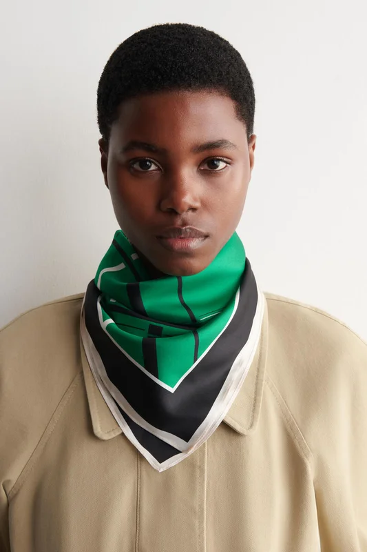 COS Women's Checked Silk Scarf in Green