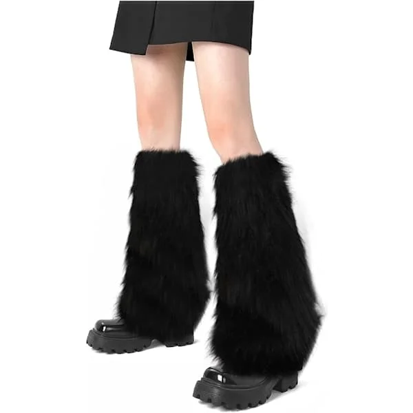 Faux Fur Fluffy Benbetræk Dame Plys Støvlebetræk Varme Fluffy Støvler Støvler Festtøj Benbetræk Sort