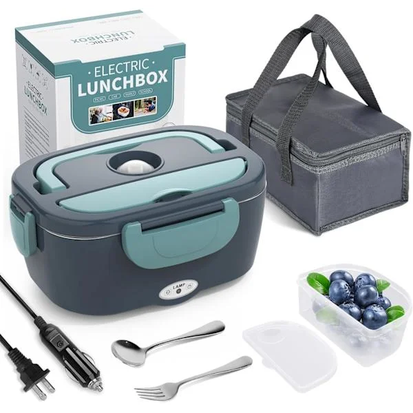 Elektrisk lunchlåda matvärmare, 3-i-1 uppvärmd lunchlåda för vuxna, 12V/24V/110V bärbar matvärmare med gaffelsked och isolerad bärväska