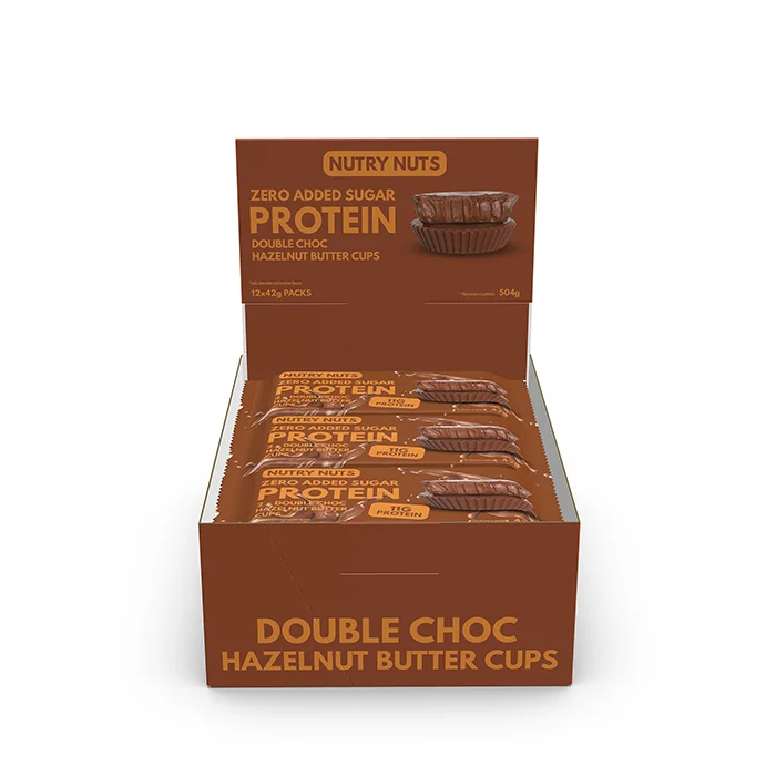 Proteinbars Låda Nutry Nuts Protein Peanut Butter Cups 42 g, Double Choc Hazelnut - Bodyman.dk