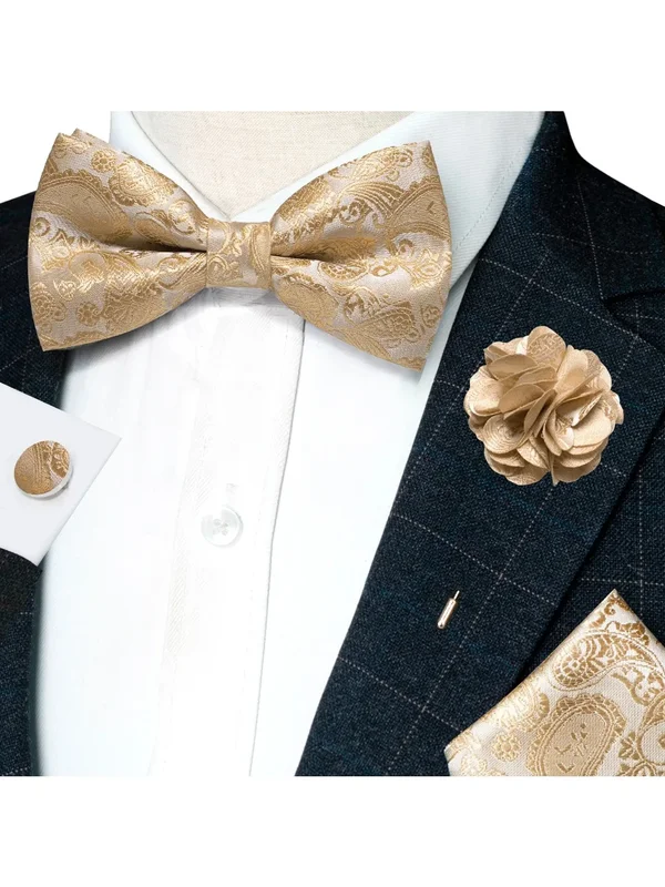 AliExpress - Champagner-Seiden-Jacquard-Paisley-Fliege für Herren, Brosche, Einstecktuch, Manschettenknöpfe-Set, vorgebundene Fliege mit 