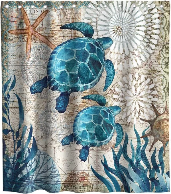 Sista fredagen Nautiskt Grön Havssköldpadda Strandtema Tyg Duschdraperi Set Badrum Blå Marin Inredning med Öglor och Krokar 183 x 183 cm Teal