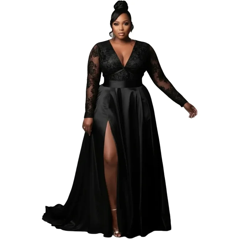 AliExpress - Plus Size Formal Evening Dress for Women's V Neck Long Sleeve Split See Through Lace Satin Elegant High Waist Maxi Dresses