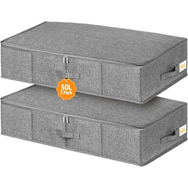 Opbevaringskasser under sengen med låg 50L, 2-pak opbevaringskasser under sengen, sammenklappelig stofopbevaring under sengen, 76x38x17cm