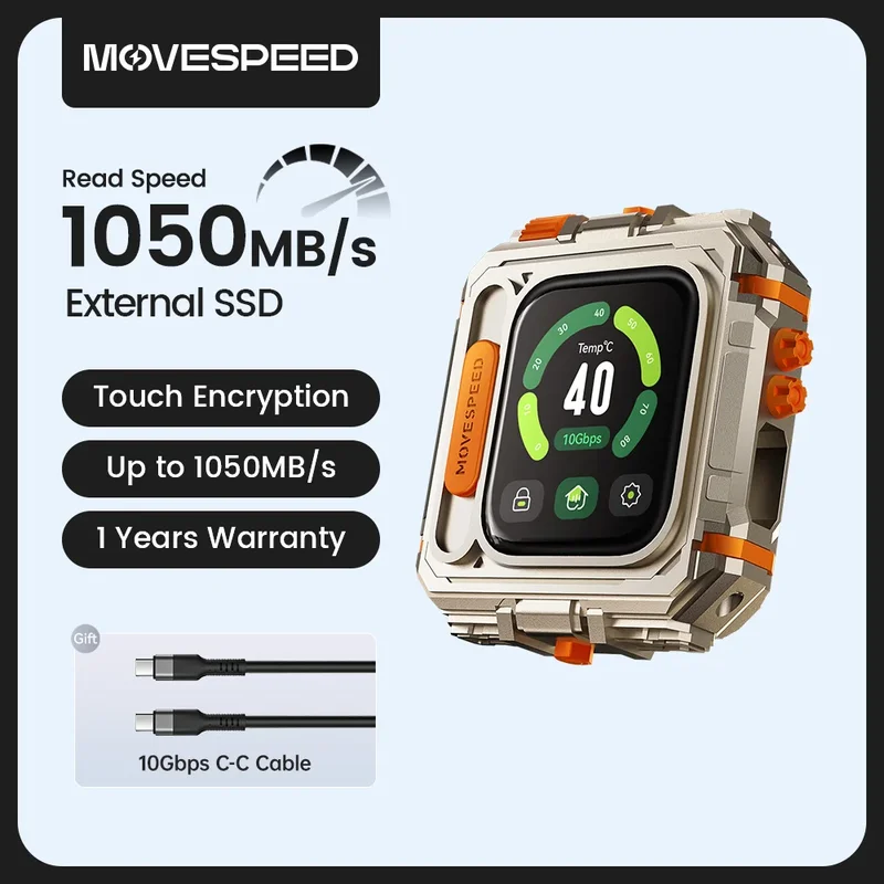 AliExpress - MOVESPEED GD10 1050 MB/s Externe SSD 2 TB 1 TB Touchscreen-Verschlüsselung USB3.2 Gen2 Typ C Festplatte für iPhone 15/16 PS4 PS5 PC